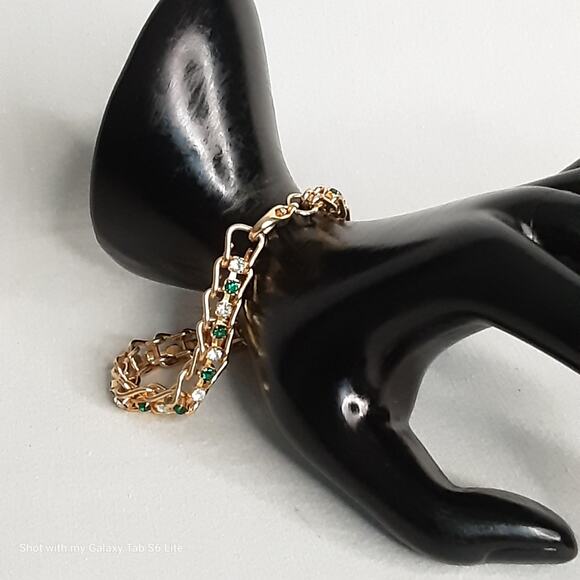 Gold Tone Chain Link Bracelet String Of Green Clear Rhinestones Lobster Clasp - Picture 1 of 10